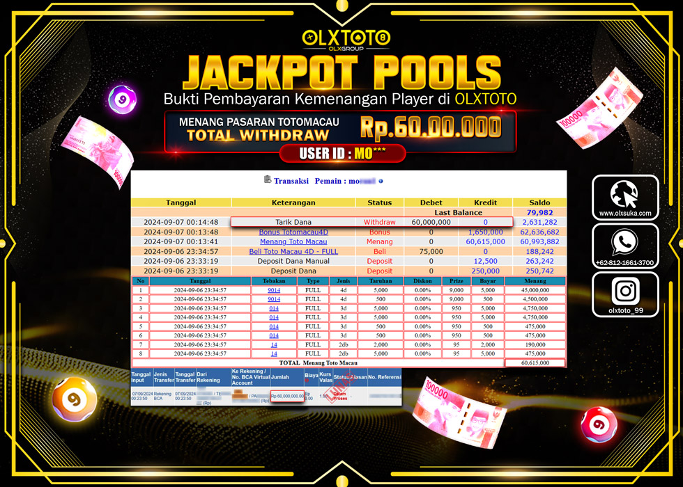 OLXTOTO JACKPOT  TOGEL POOL TOTO MACAU Rp.60.000.000.,- LUNAS