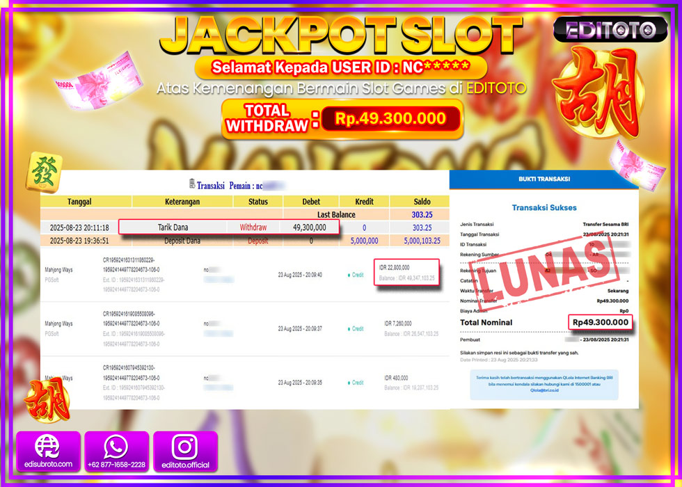 JACKPOT EDITOTO SLOT MAHJONG WAYS Rp.49.300.000,- LUNAS 