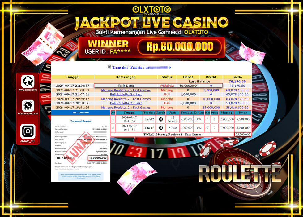 OLXTOTO JACKPOT  LIVE GAMES ROULETTE 2 Rp.60.000.000.,- LUNAS