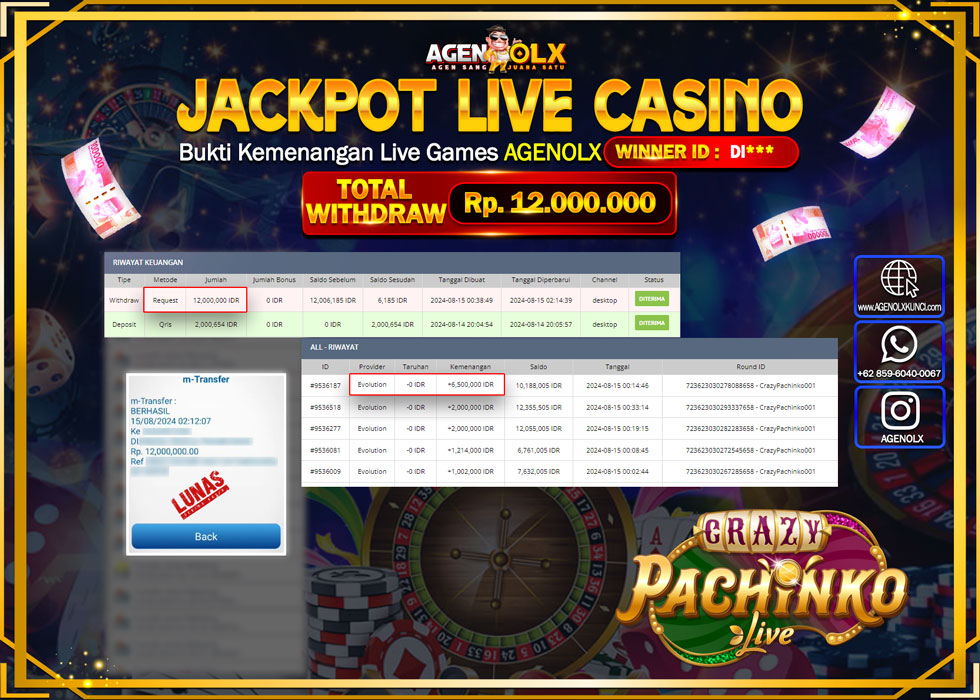 AGENOLX JACKPOT LIVE CASINO CRAZY PACHINKO LIVE Rp.12.000.000,- LUNAS