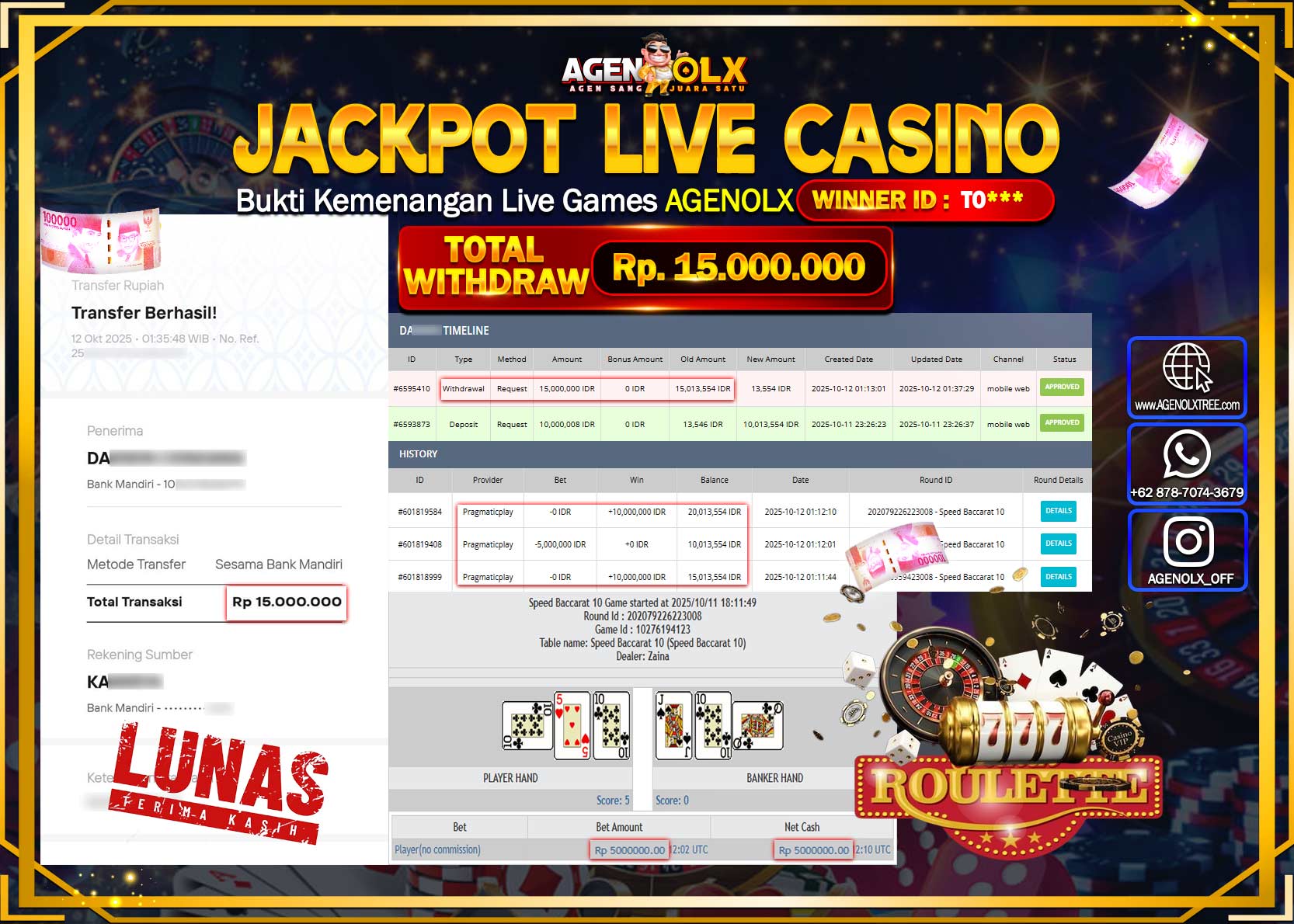 AGENOLX JACKPOT LIVE CASINO Rp 15,000,000,- LUNAS