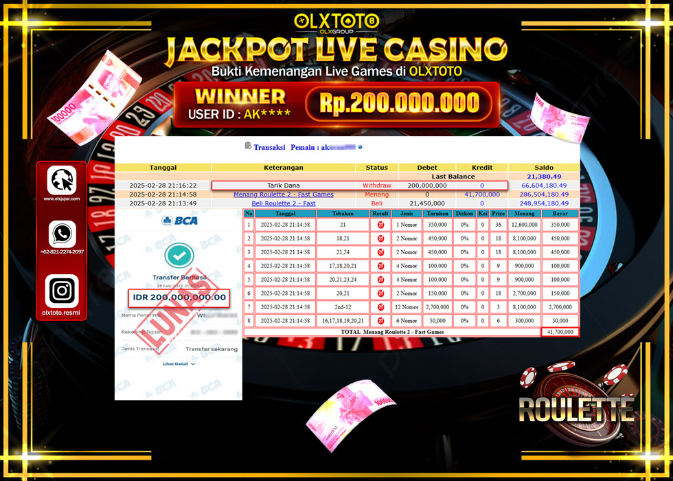 OLXTOTO JACKPOT  LIVE GAMES ROULETTE Rp.200.000.000.,- LUNAS