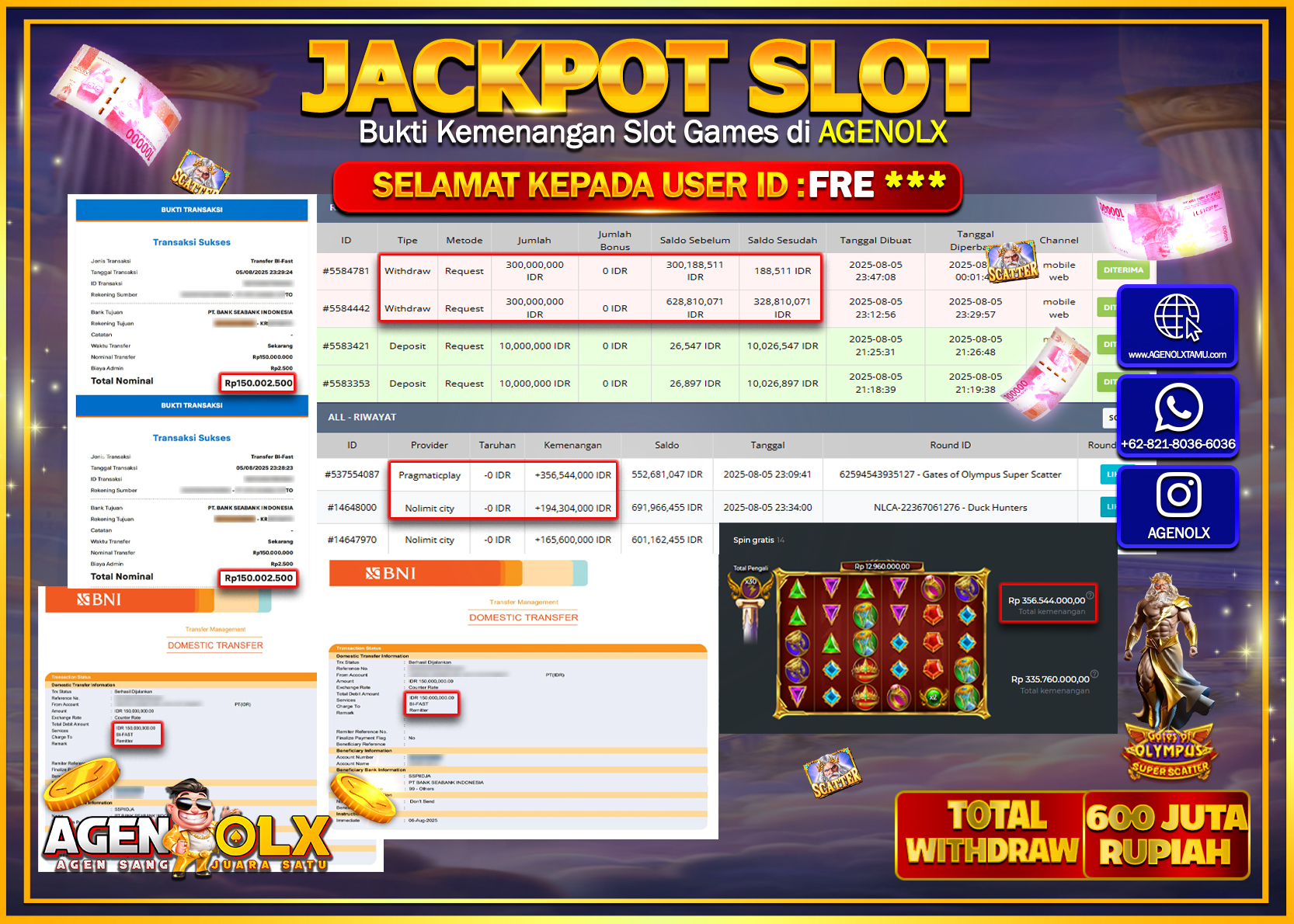 AGENOLX JACKPOT SLOT OLYMPUS SUPER SCATTER  Rp 600.000.000,- LUNAS