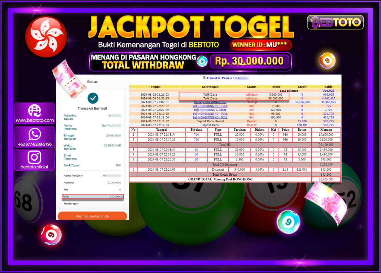 JACKPOT TOGEL BEBTOTO HONGKONG POOLS Rp.30.000.000.,- LUNAS