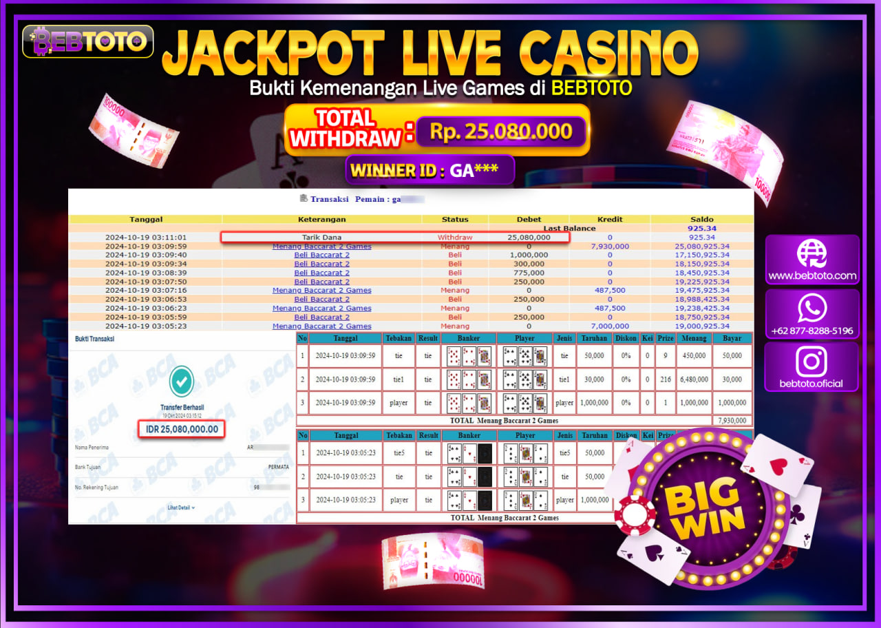 JACKPOT LIVE CASINO BEBTOTO BACCARAT Rp.25.080.000.,- LUNAS