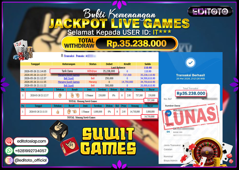 JACKPOT EDITOTO LIVE GAMES SUWIT GAMES Rp.35.238.000.,- LUNAS