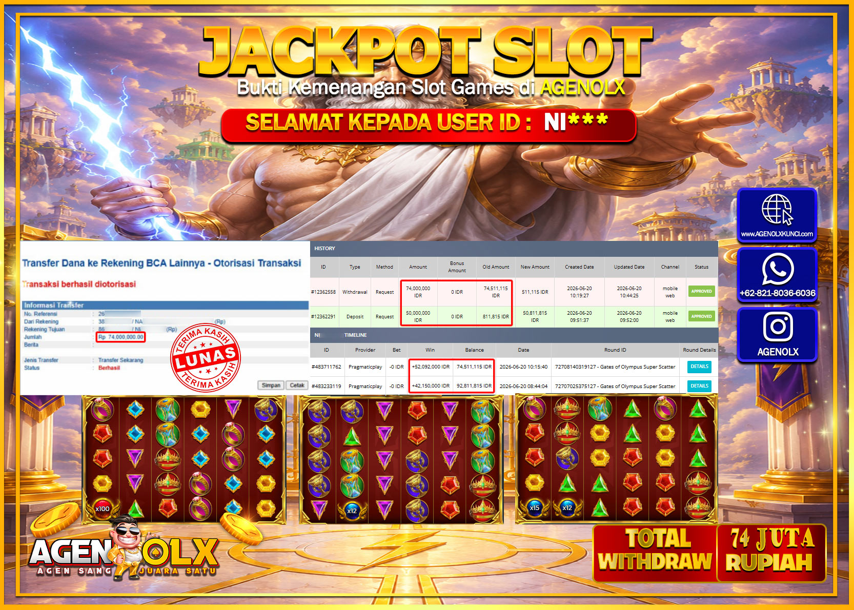 AGENOLX JACKPOT SLOT GATES OF OLYMPUS SUPER SCATTER   Rp 74.000.000- LUNAS