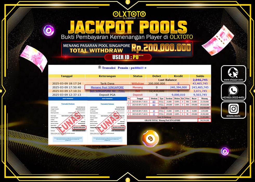 OLXTOTO JACKPOT TOGEL PASARAN POOL SINGAPORE Rp.200.000.000.,- LUNAS