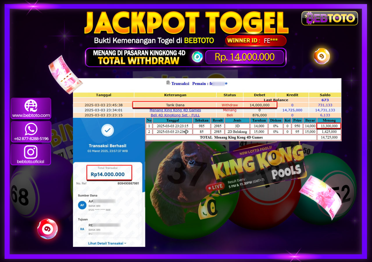 JACKPOT TOGEL BEBTOTO KINGKONG 4D  Rp.14.000.000.,- LUNAS