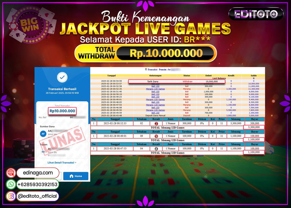 JACKPOT LIVE GAMES 12D GAMES Rp.10.000.000.,- LUNAS