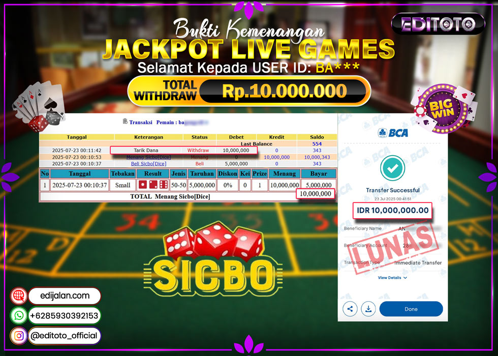 JACKPOT EDITOTO LIVE GAMES SICBO DICE Rp. 10.000.000.,- LUNAS