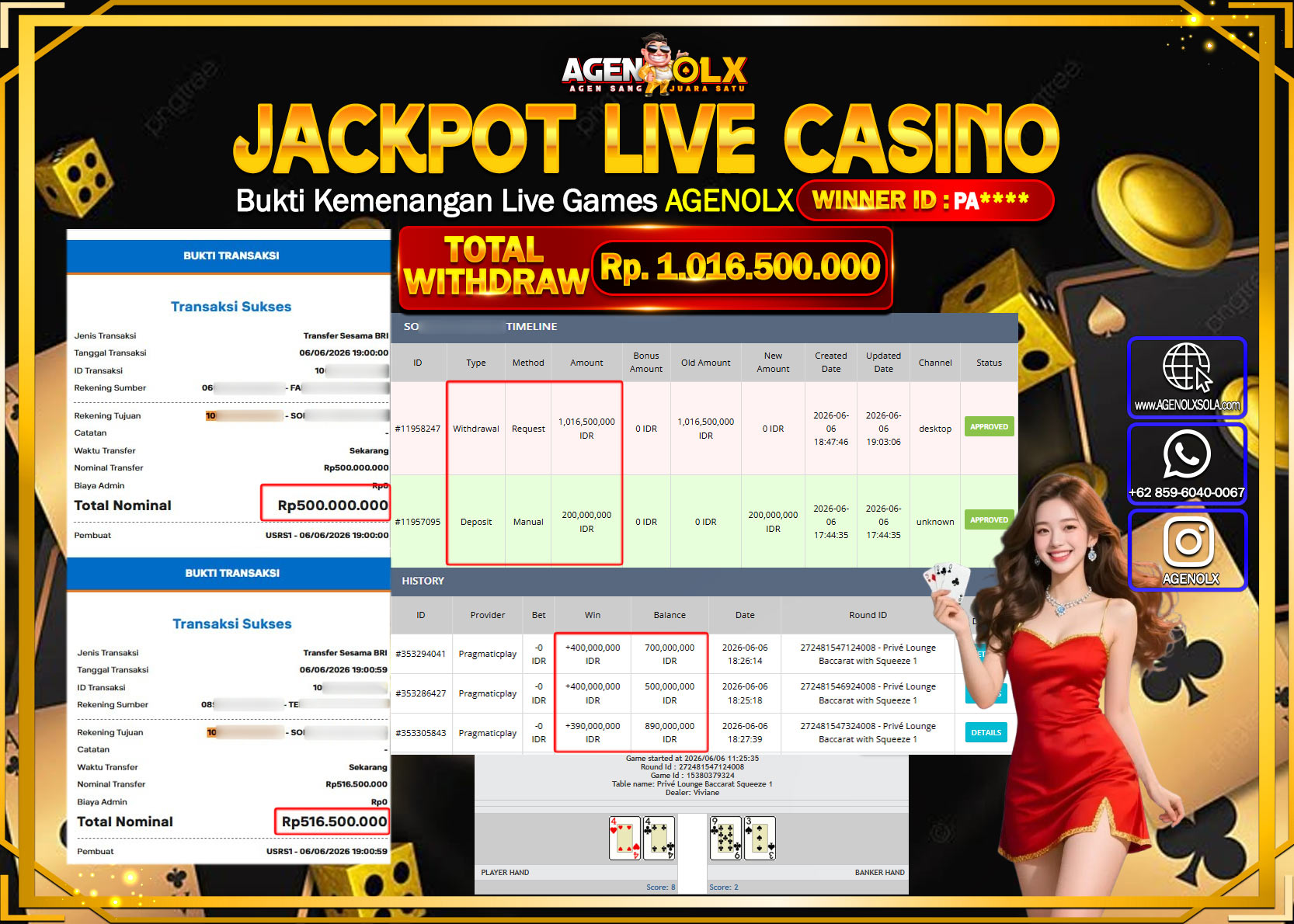 AGENOLX JACKPOT LIVE CASINO BACCARAT Rp 1.016.500.000- LUNAS