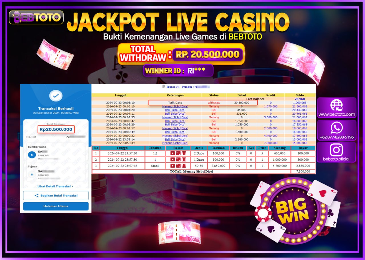 JACKPOT LIVE CASINO BEBTOTO SICBO DICE Rp.20.500.000.,- LUNAS