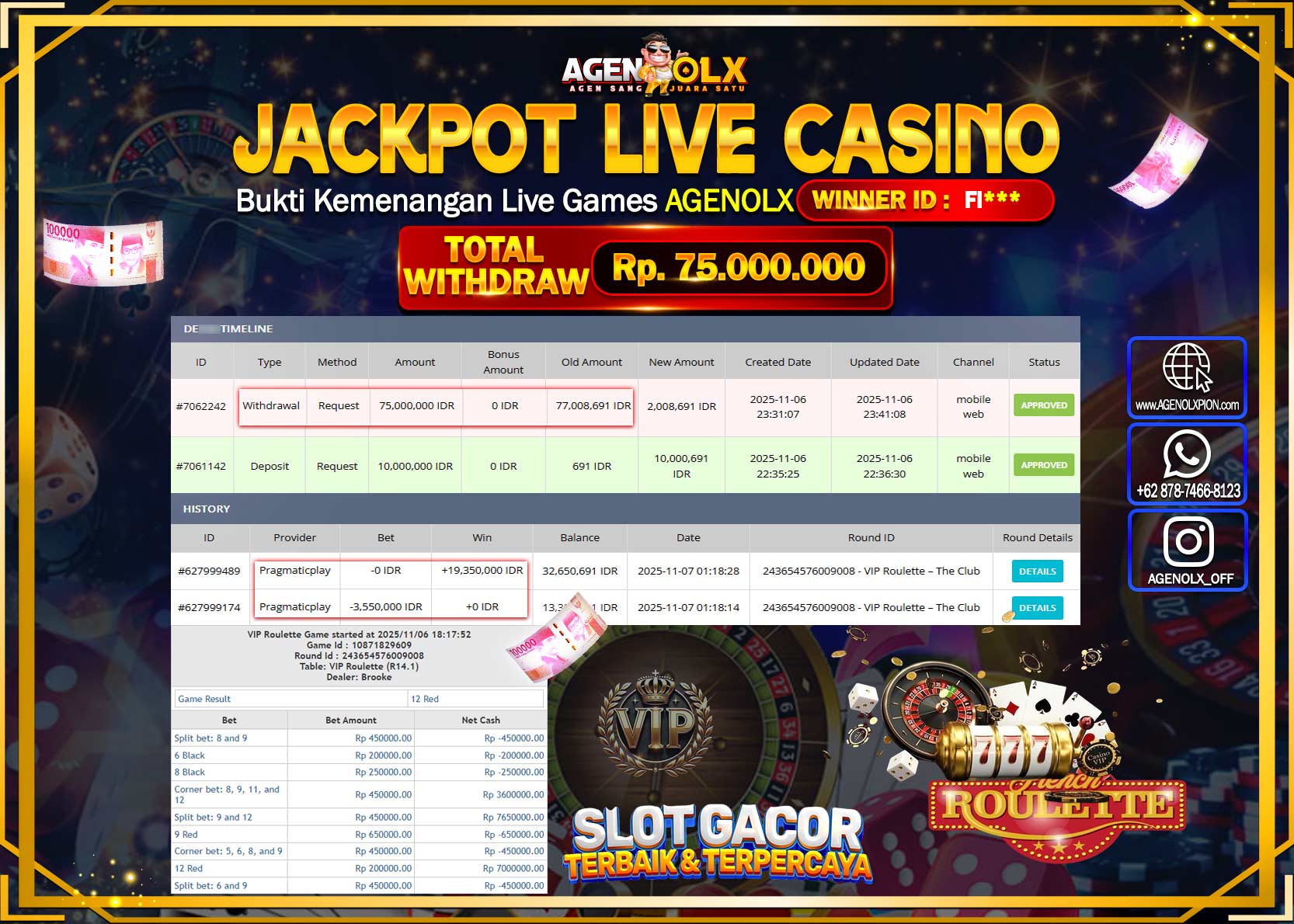 AGENOLX JACKPOT  LIVE CASINO VIP ROULETTE THE CLUB  Rp 75,000,000,- LUNAS
