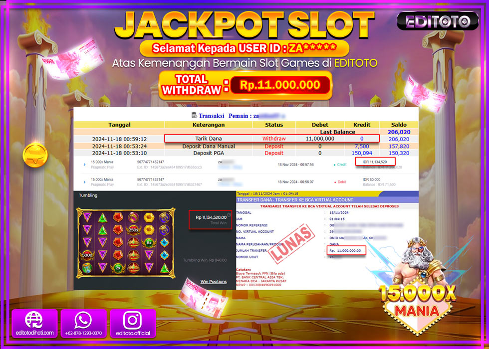 JACKPOT SLOT 15.000X MANIA Rp.11.000.000.,- LUNAS