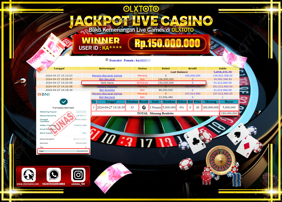 OLXTOTO JACKPOT LIVE GAME ROULETTE Rp.150.000.000.,- LUNAS