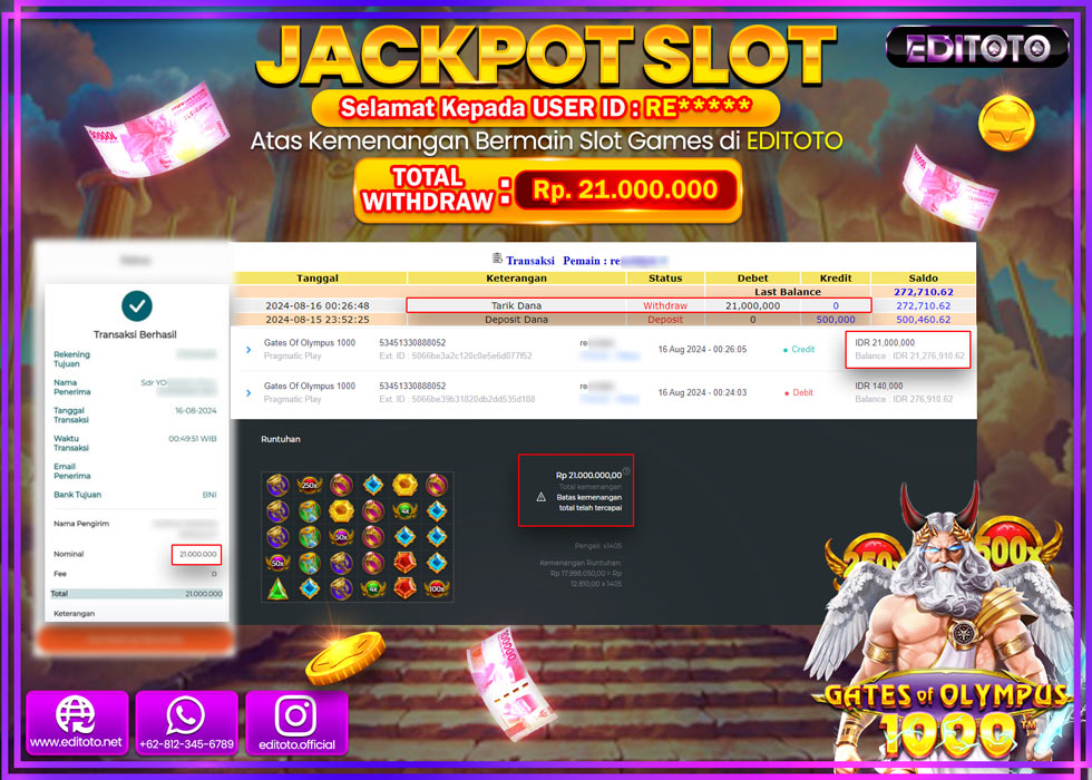 JACKPOT SLOT GATES OF OLYMPUS 1000 Rp.21.000.000.,- LUNAS