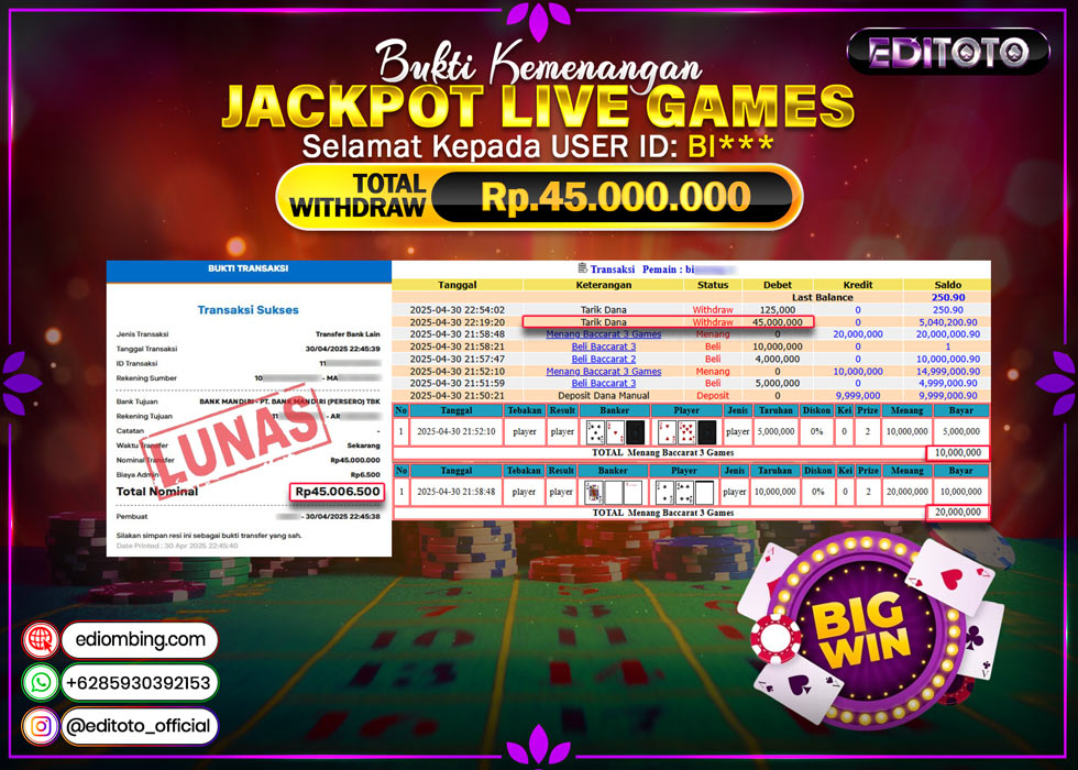 JACKPOT EDITOTO LIVE GAME BACCARAT 3 Rp.45.000.000.,- LUNAS