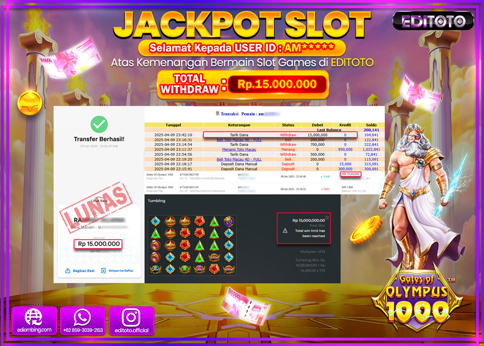 JACKPOT SLOT GATES OF OLYMPUS 1000 Rp.15.000.000,- LUNAS