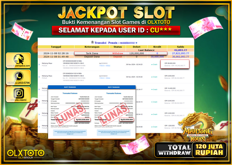 OLXTOTO JACKPOT  SLOT MAHJONG WAYS  Rp.120.000.000.,- LUNAS