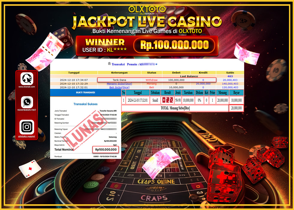 OLXTOTO JACKPOT  LIVE GAMES SICBO{DICE} Rp.100.000.000.,- LUNAS