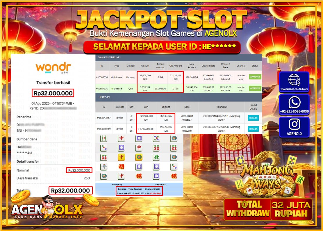 AGENOLX JACKPOT SLOT  MAHJONG WAYS 4 Rp 32.000.000 -LUNAS