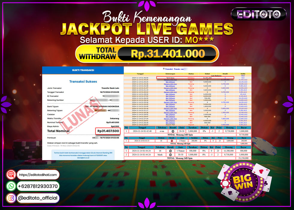 JACKPOT LIVE GAMES 24D GAMES Rp.31.401.000.,- LUNAS
