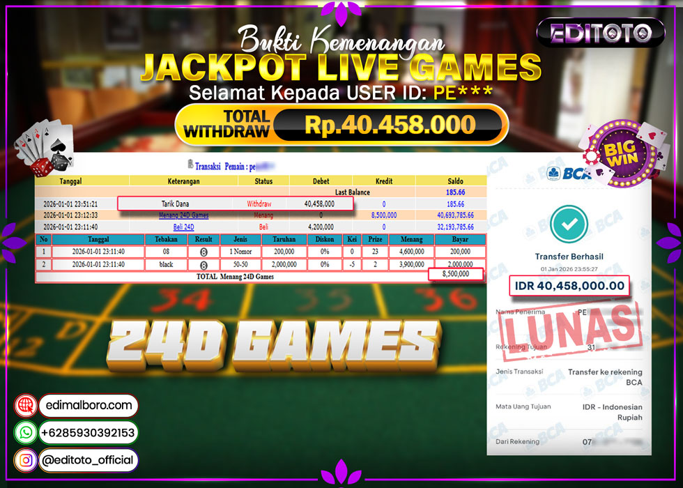 JACKPOT EDITOTO LIVE GAMES 24D GAMES Rp. 40.458.000.,- LUNAS