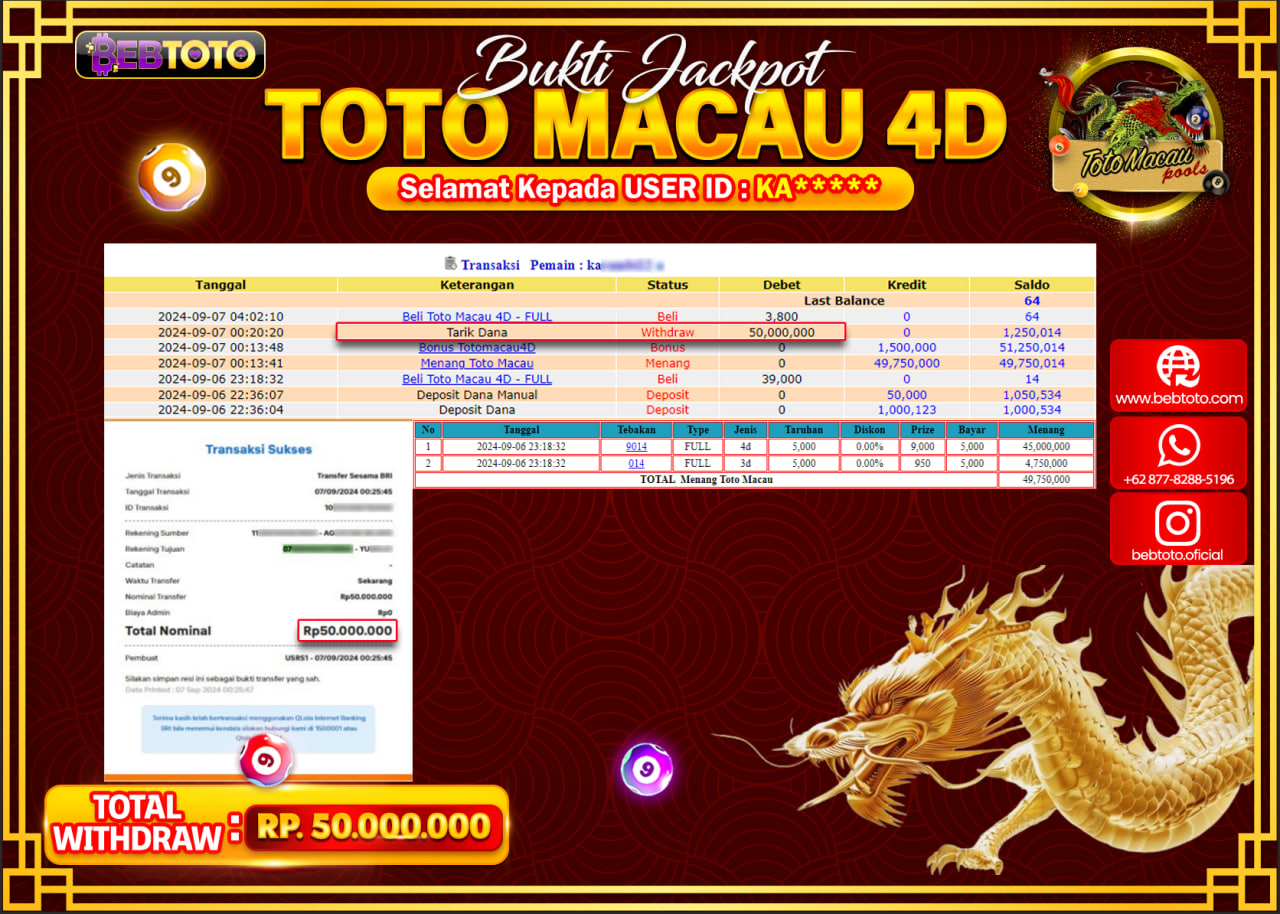 JACKPOT TOGEL BEBTOTO TOTO MACAU POOLS Rp.50.000.000.,- LUNAS