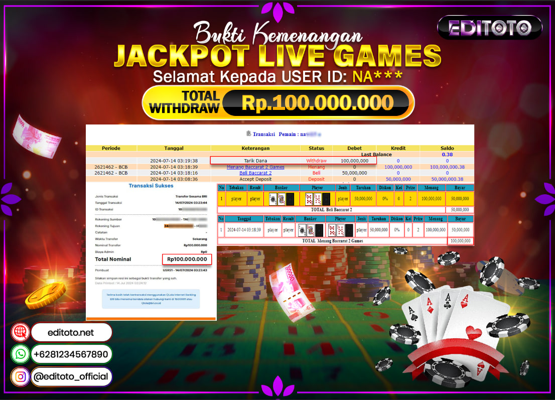 JACKPOT LIVE GAME EDITOTO BACCARAT Rp.100.000.000.,- LUNAS