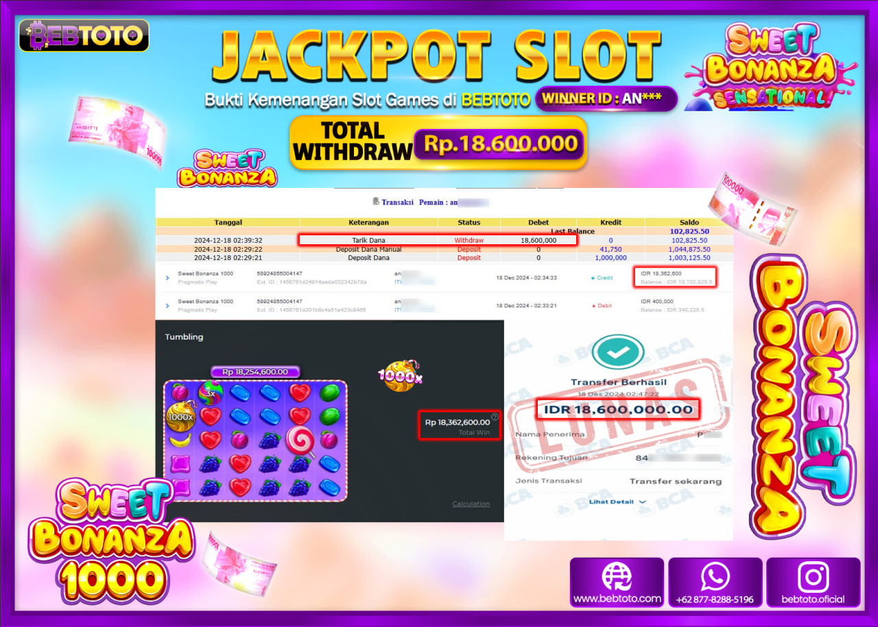 JACKPOT SLOT BEBTOTO SWEET BONANZA 1000 Rp.18.600.000.,- LUNAS