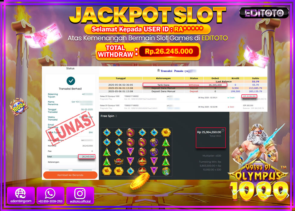 JACKPOT EDITOTO SLOT GATES OF OLYMPUS 1000 Rp.26.245.000,- LUNAS