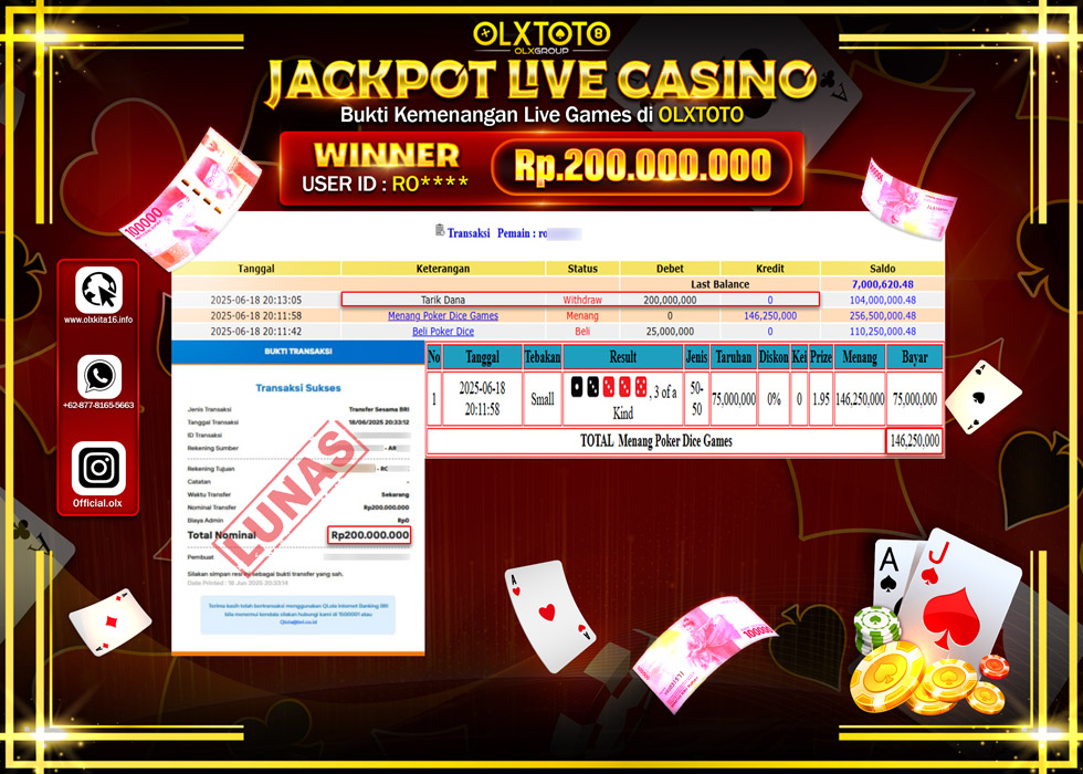 BONDAN69 JACKPOT LIVE GAMES POKER DICE GAMES Rp.200.000.000.,- LUNAS