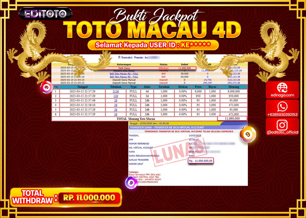 JACKPOT TOGEL PASARAN TOTOMACAU 4D Rp.11.000.000.,- LUNAS
