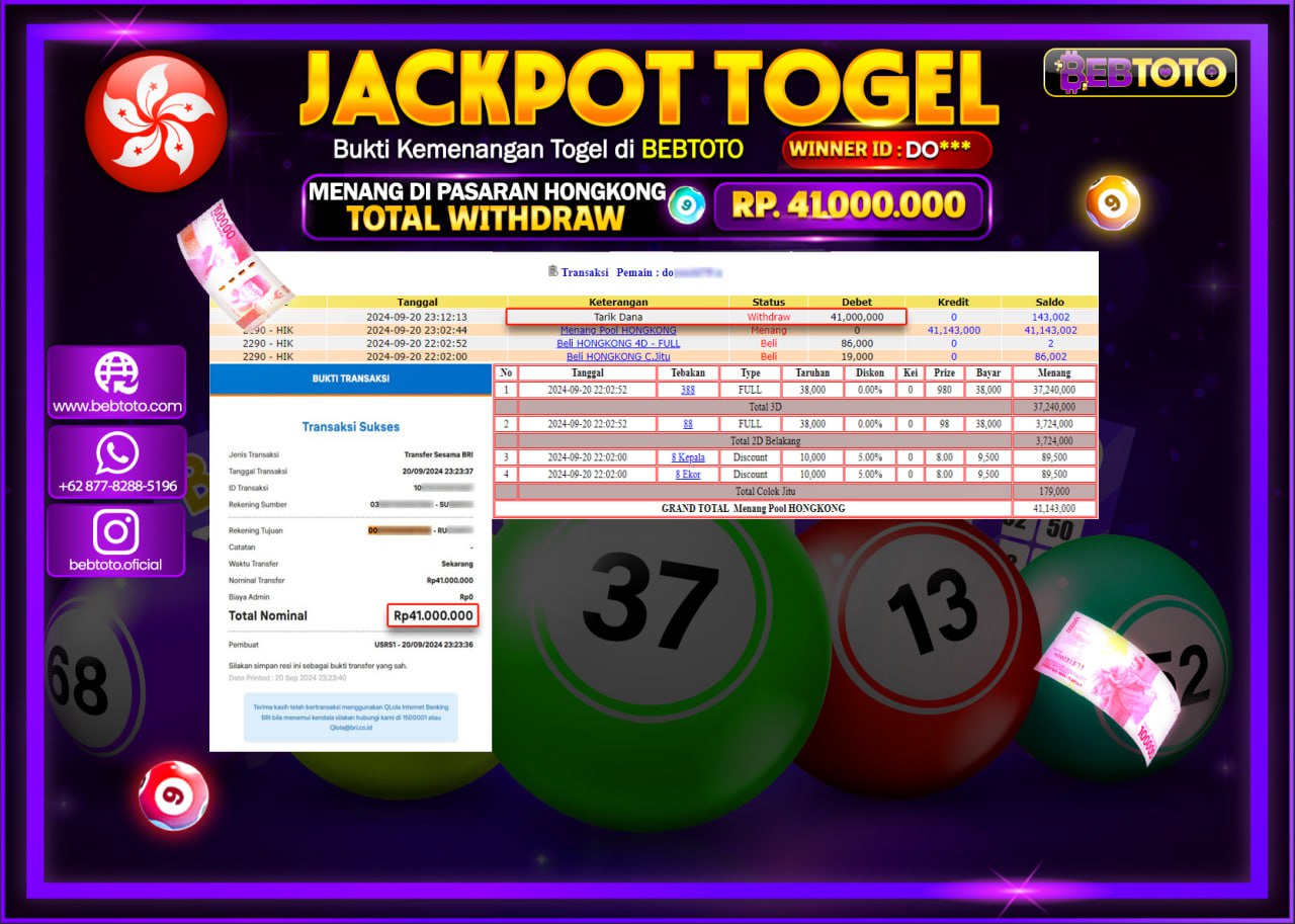 JACKPOT TOGEL BEBTOTO HONGKONG POOLS Rp.41.000.000.,- LUNAS