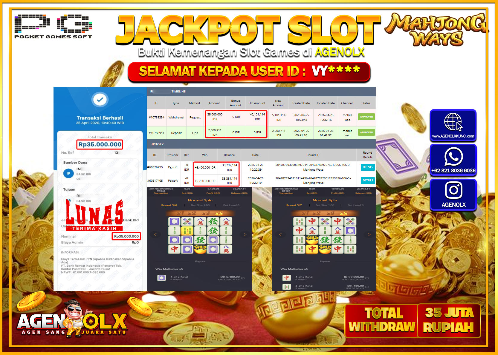 AGENOLX JACKPOT SLOT MAHJONG WAYS  Rp 35.000.000 - LUNAS