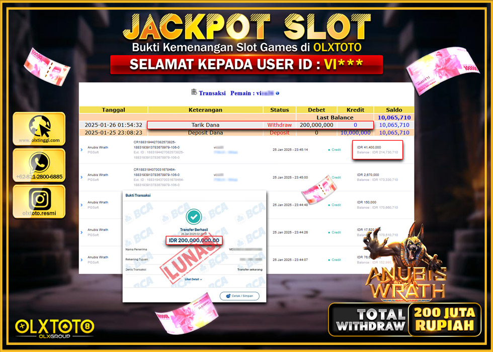 OLXTOTO JACKPOT  SLOT ANUBIS WIRATH  Rp.200.000.000.,- LUNAS