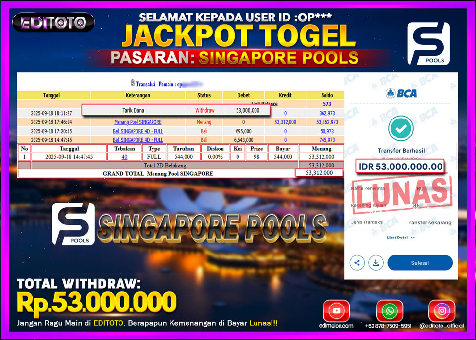 JACKPOT EDITOTO TOGEL PASARAN SINGAPORE POOLS Rp.53.000.000.,- LUNAS