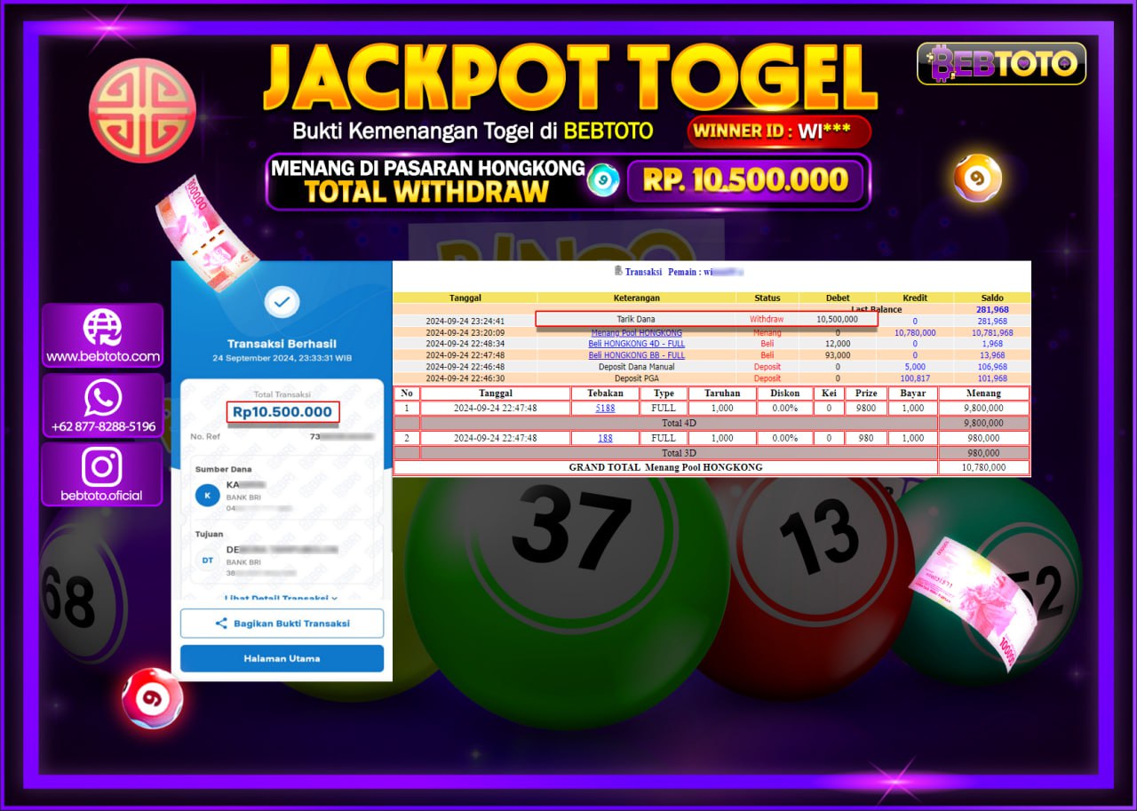 JACKPOT TOGEL BEBTOTO TOTO HONGKONG LOTTO Rp.10.500.000.,- LUNAS
