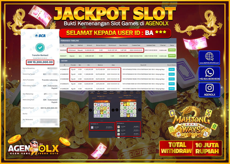 AGENOLX JACKPOT MAHJONG WAYS Rp 10,200,000,- LUNAS