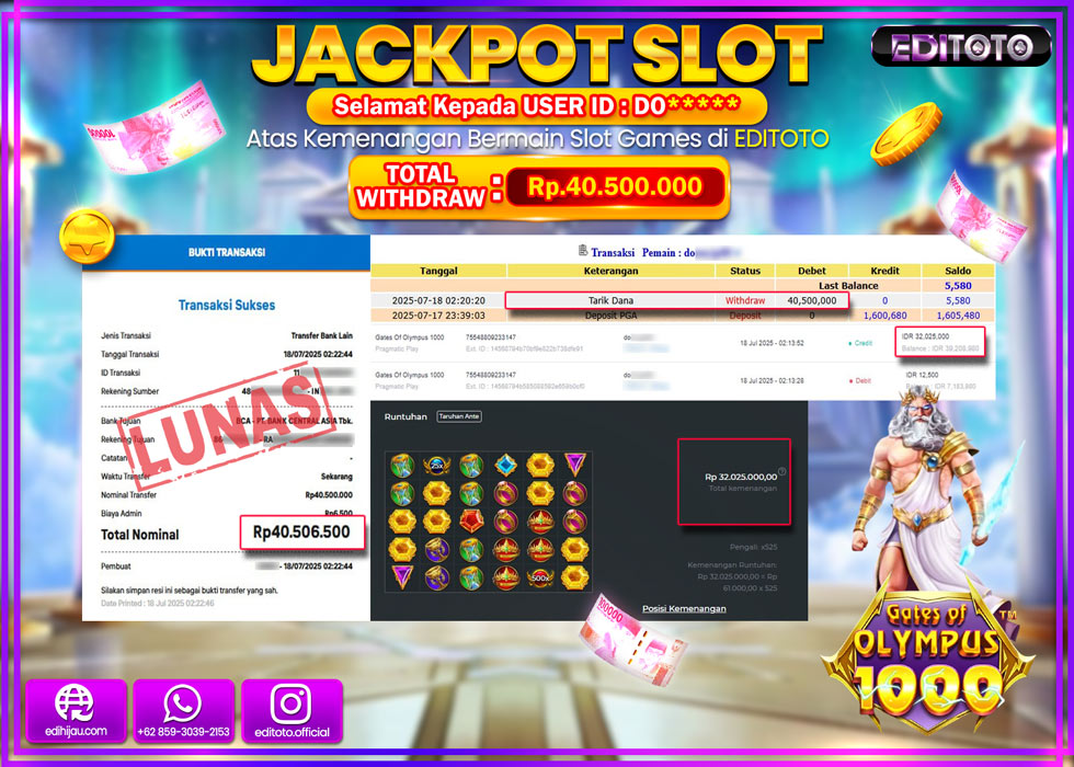 JACKPOT EDITOTO SLOT GATES OF OLYMPUS 1000 Rp.40.500.000,- LUNAS 