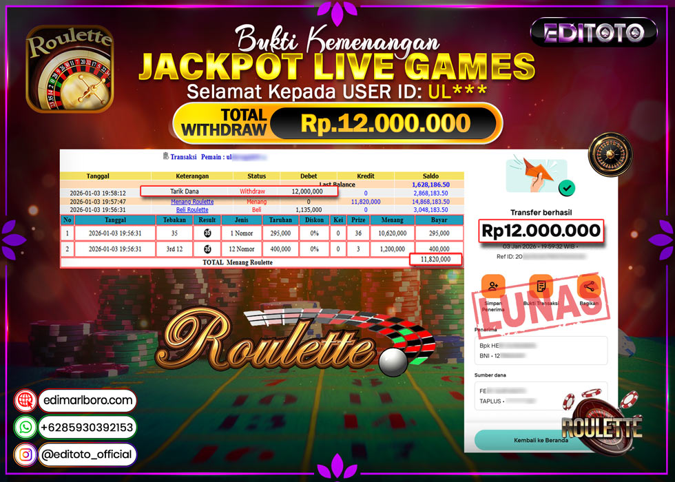 JACKPOT EDITOTO LIVE GAMES ROULETTE Rp. 12.000.000.,- LUNAS