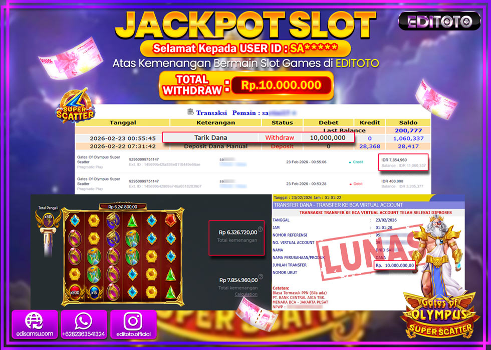JACKPOT EDITOTO SLOT GATES OF OLYMPUS SUPER SCATTER Rp.10.000.000,- LUNAS