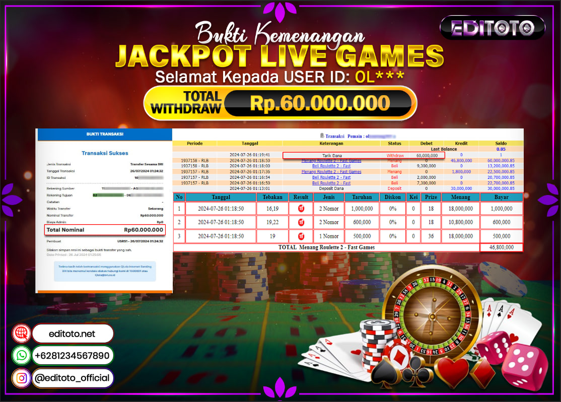 JACKPOT LIVE GAME EDITOTO ROULETTE Rp.60.000.000.,- LUNAS
