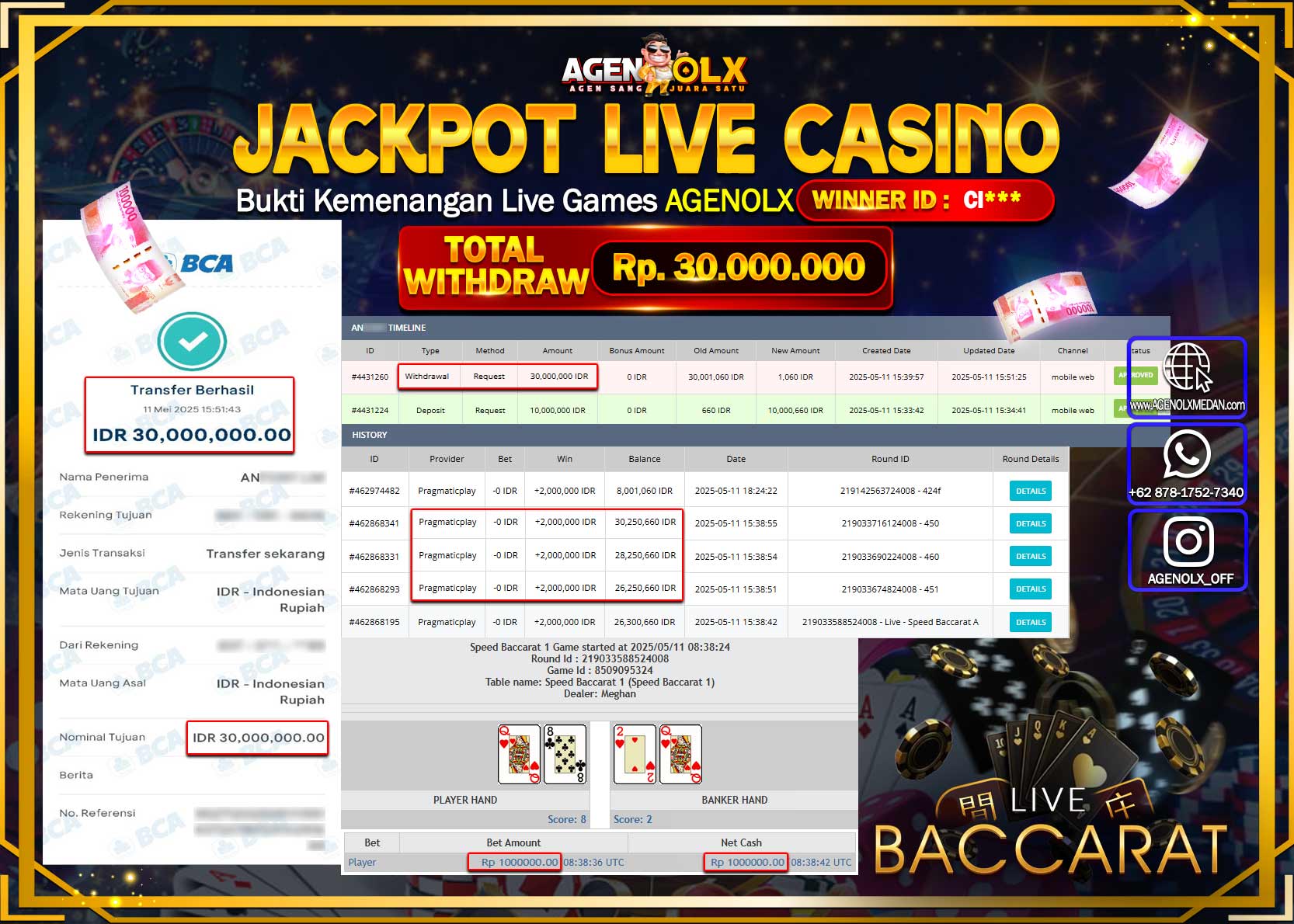 AGENOLX JACKPOT LIVE CASINO SPEED BACCARAT 4 Rp 30.000.000,- LUNAS