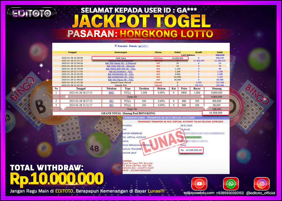 JACKPOT TOGEL PASARAN HONGKONG LOTTO Rp.10.000.000.,- LUNAS