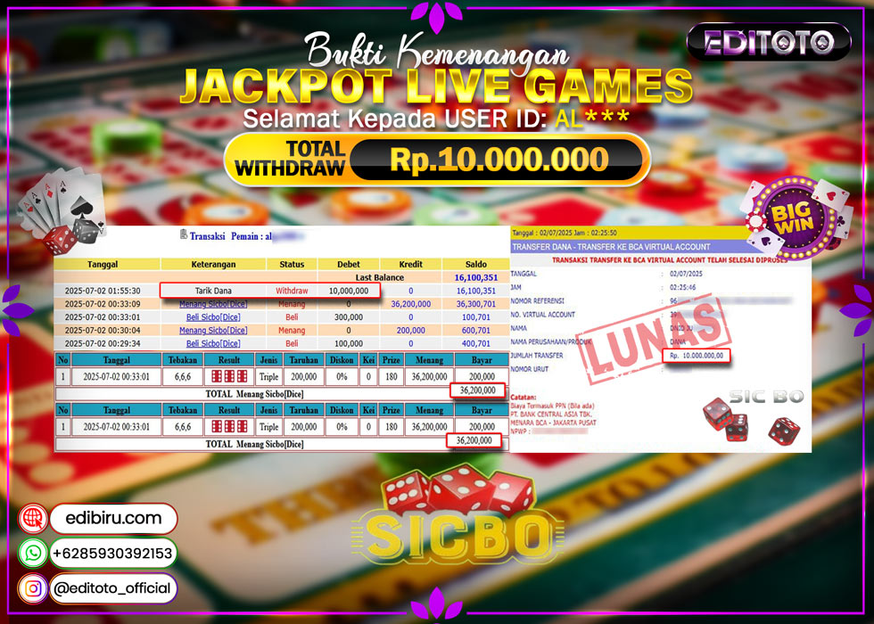 JACKPOT EDITOTO LIVE GAMES SICBO DICE Rp. 10.000.000.,- LUNAS