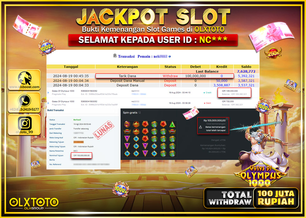 OLXTOTO JACKPOT  SLOT GATE OF OLYMPUS 1000 Rp.100.000.000.,- LUNAS