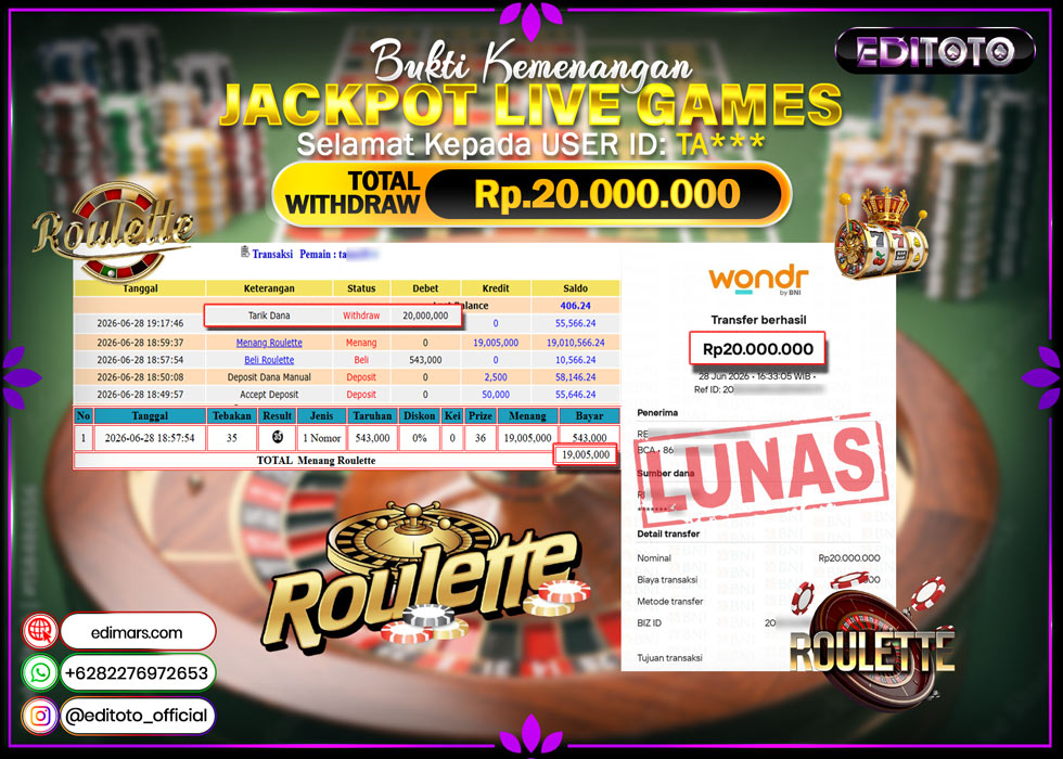 JACKPOT EDITOTO LIVE GAMES ROULLETE GAMES   Rp.20.000.000.,- LUNAS