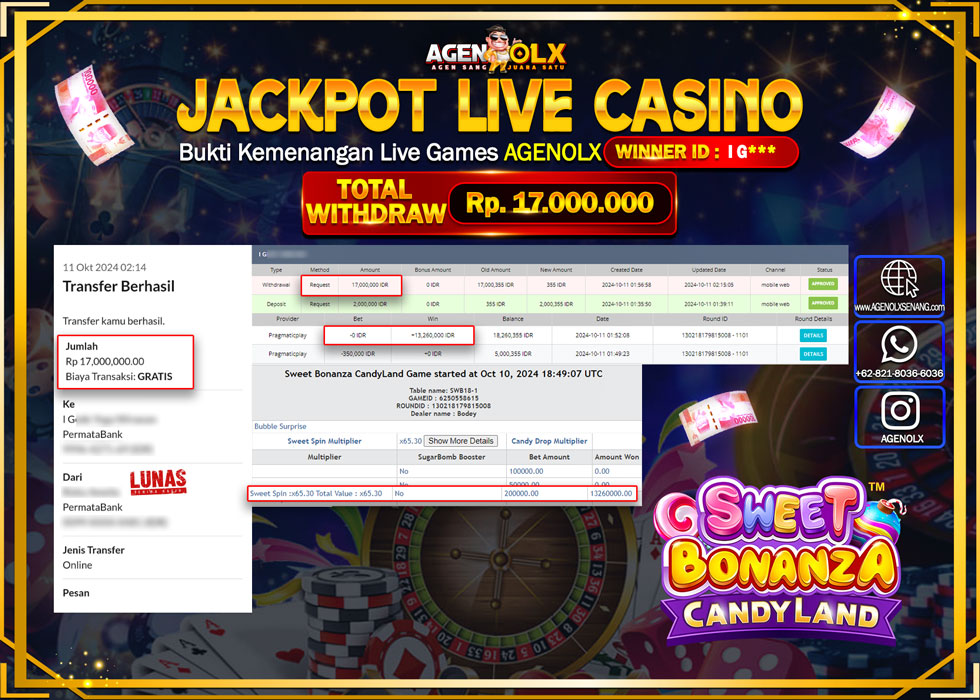 AGENOLX JACKPOT  LIVE GAMES SWEET BONANZA CANDYLAND Rp.17.000.000,- LUNAS